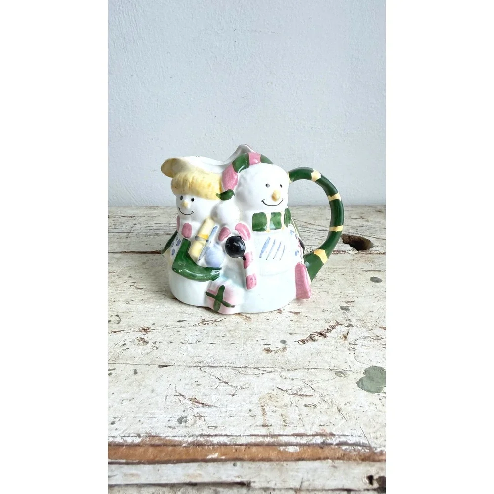 Vintage Snowman Ceramic Pitcher Christmas Holiday Creamer Hand Painted 4.25 CSGB